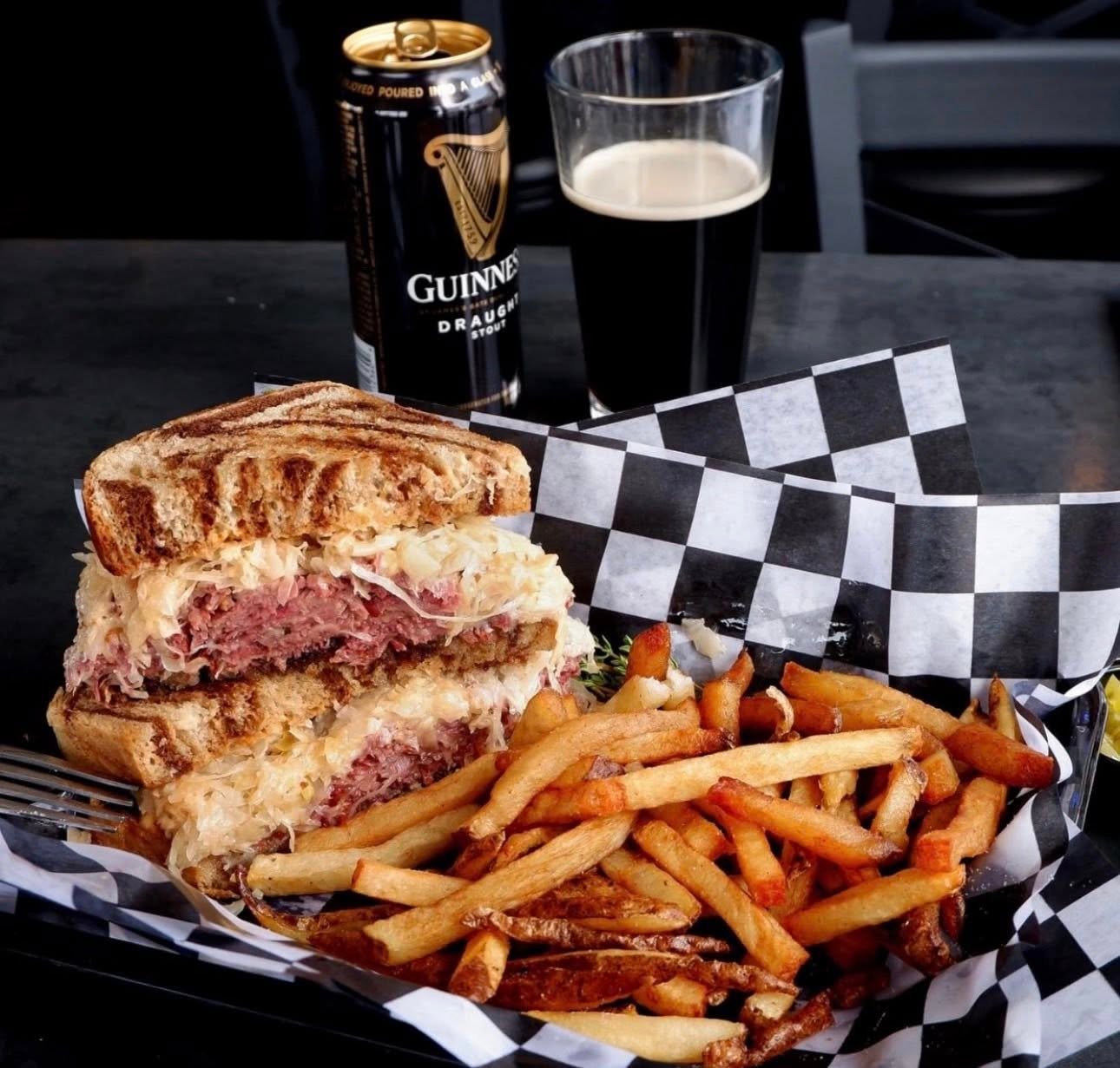 Guinness, Reuben Sandwich, & French Fries. Served at Happy Valley LIVE during our St. Patricks Day Party in State College, PA